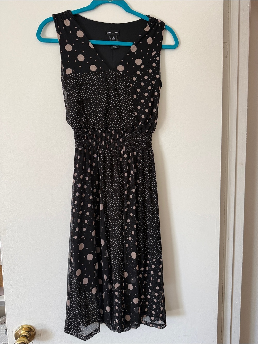 Black Midi Dress with Taupe Polka Dots — Sleeveless Smocked Waist
